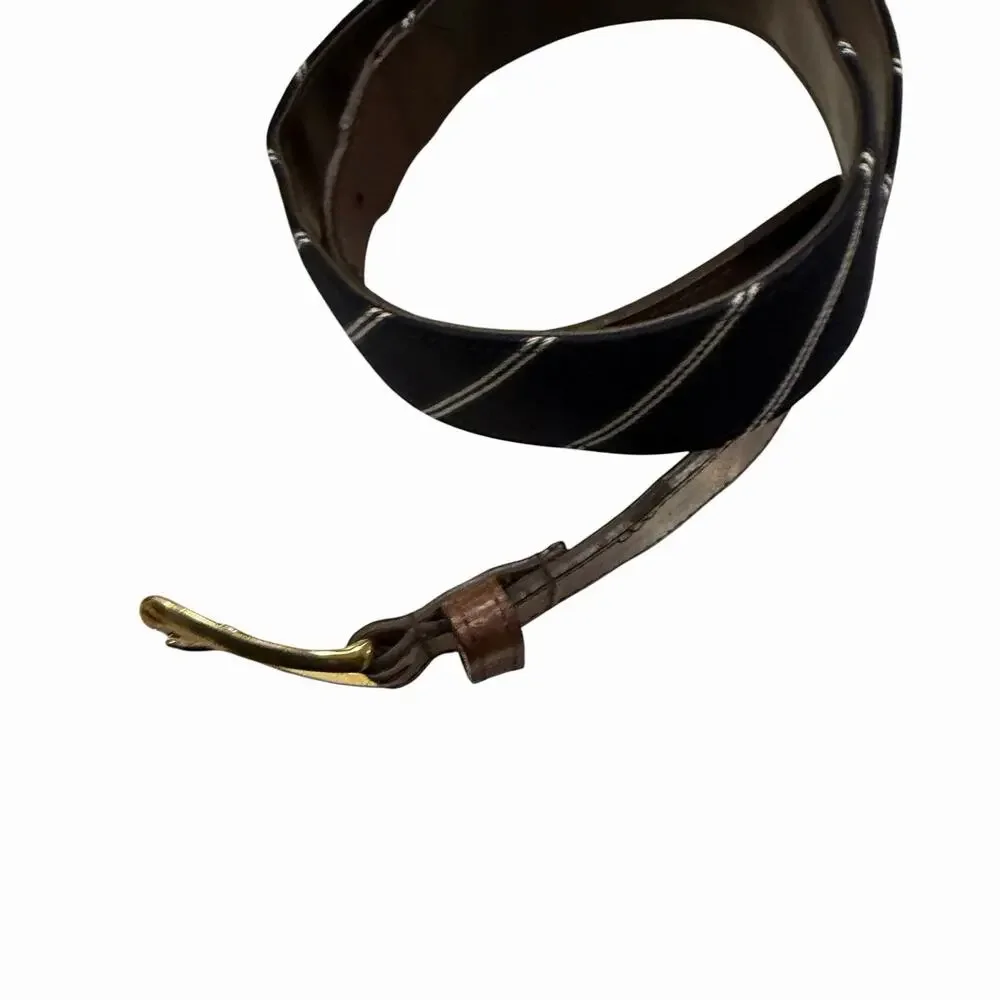 F.H. Wadsworth NYC Brass Brown Leather Belt Wool Navy Blue White Stripes 38